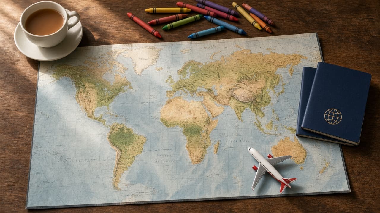 Travel planning notes, crayons and a toy plane on a wooden table