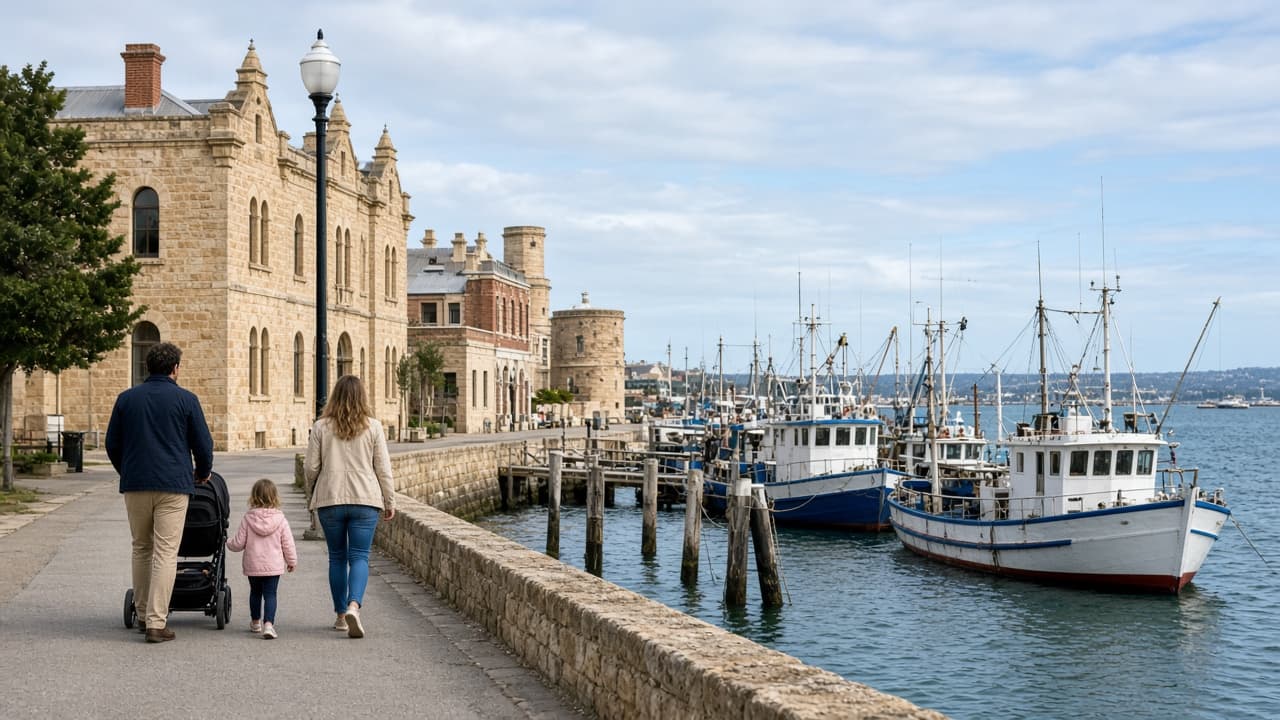 Fremantle harbour limestone buildings and a family walking the waterfront