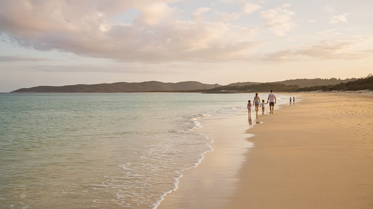 A family walking a calm Australian beach at golden hour