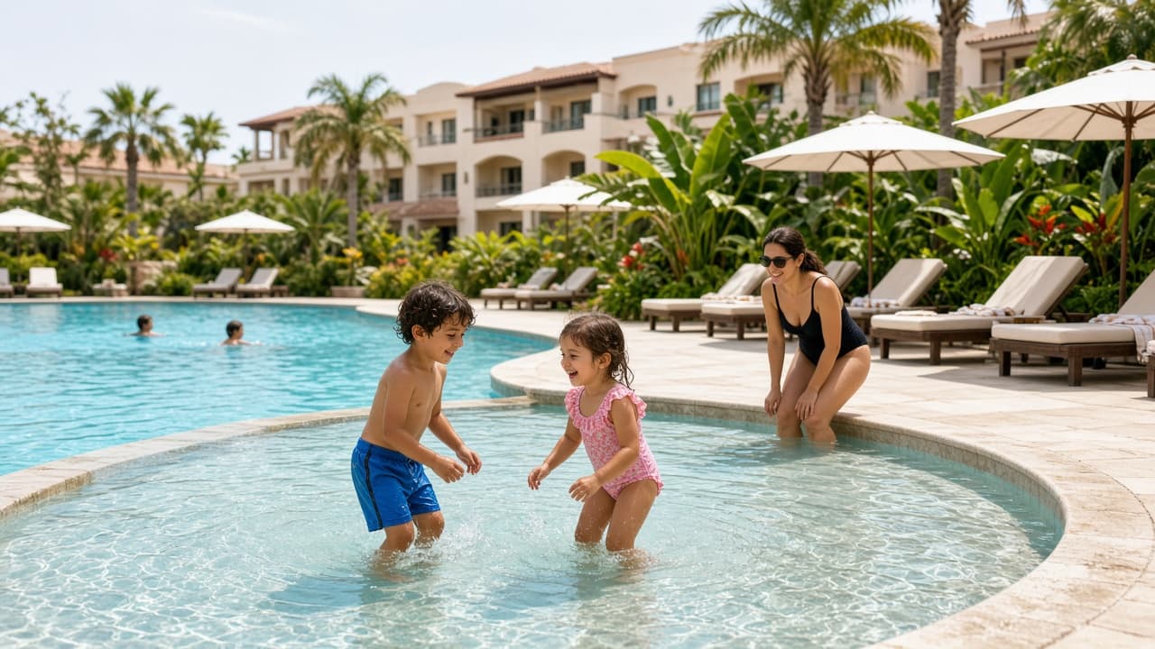 Shallow family hotel pool with children playing near a supervising adult